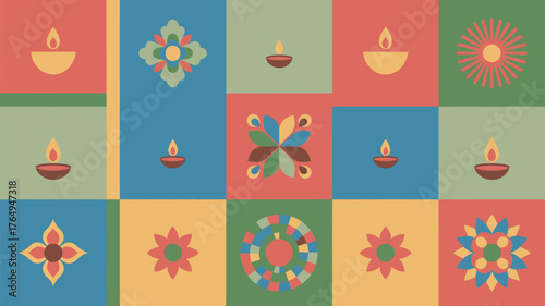 Colorful diwali pattern with lamps and flowers in a grid of squares festive celebration design art vector