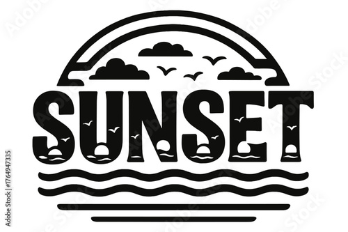 Sunset Silhouette Display. Decorative Display Lettering ? "Sunset" with silhouette letters containing tiny sun discs, waves, clouds, and birds,