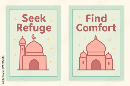 Seek Refuge, Find Comfort. Refuge in Him. Two vertical A6 banners with safe margins, centered composition, no elements touching edges, cartoon, pastel mint and