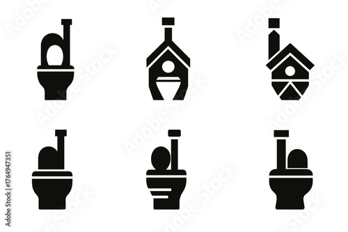 Off-Grid Logo Variations. Off-grid living solutions. Set Logo of Off-grid living solutions: a composting toilet with ventilation stack. harmonious logo