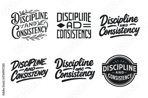 Creative Lettering Variations. Discipline and Consistency. Set lettering. harmonious lettering variations of the same emblematic concept, each with different