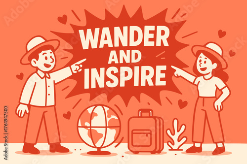 Wander and Inspire. Wander and inspire banner, flat vector illustration, bold oversized text inside splash explosion, cartoon characters standing and pointing,