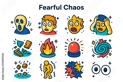 Chaotic Icons Collection. Fearful chaos. Colorful isometric vector icons set of fearful chaos: screaming face, wide-eyed person, panicked expression, hands on