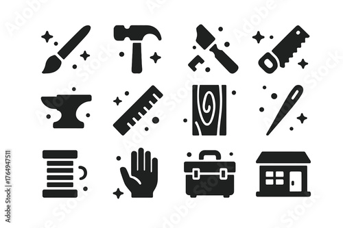 Craft Tool Icons. Handmade Craft. Solid icons set of Handmade Craft: paintbrush, hammer, chisel, saw, anvil, ruler, wood plank, sewing needle, thread spool,