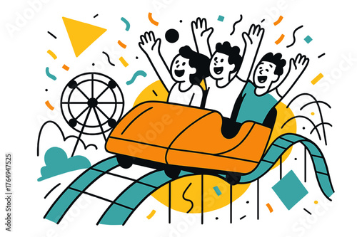 Joyful Roller Coaster Ride. Amusement Park. Roller coaster with riders screaming joyfully, floating abstract geometric shapes and colorful confetti, energetic