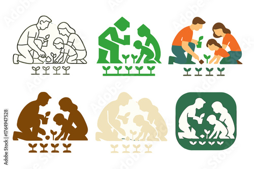 Garden Family Logos. A family spending time outdoors, tending to their garden or yard. Set Logo of A family spending time outdoors, tending to their garden or