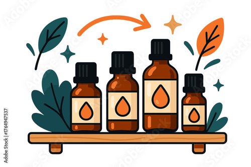 Aromatherapy Bliss. Aromatherapy oils. Collection of essential oil bottles on wooden shelf with abstract floating leaves, arrows, and sparkles; conveys