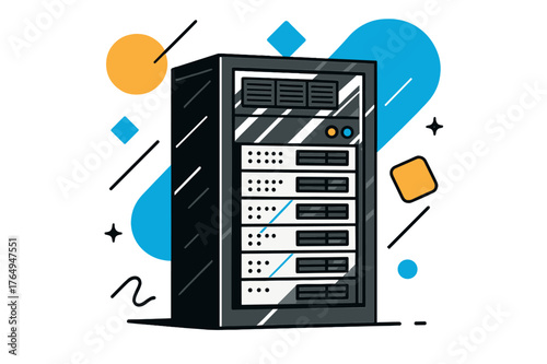 Futuristic Server Rack. Server Rack. Server rack in a modern data center with floating abstract geometric shapes and light reflections, organized and