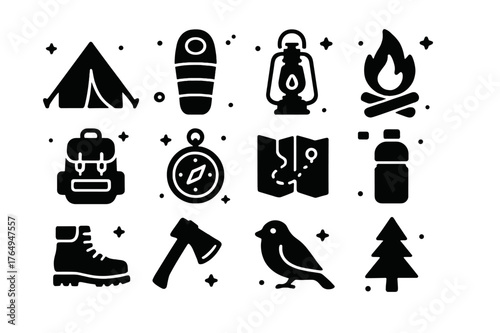 Camping Essentials Icons. Camping Trip. Solid icons set of Camping Trip: tent, sleeping bag, lantern, campfire, backpack, compass, map, water bottle, hiking