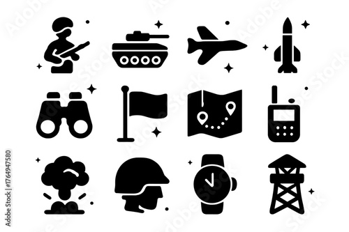 Military Icons Grid. Military Advance. Solid icons set of Military Advance: soldier, tank, jet, missile, binoculars, flag, map, radio, armored vehicle,