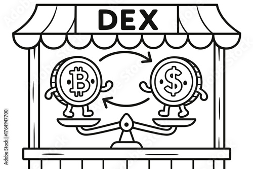 DEX Coloring Book Fun. Decentralized exchange (DEX) children?s coloring book illustration, outlined drawing, a friendly market stall with two coin characters