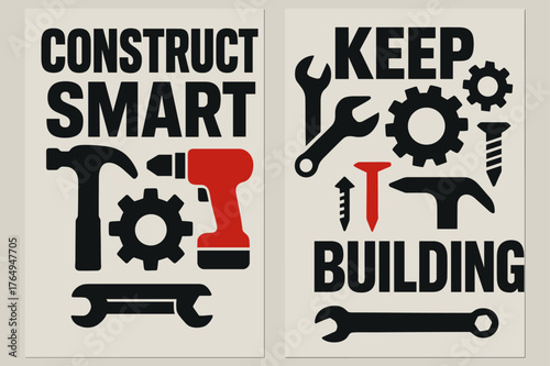 Brutalist Construction Banners. Construct smart. Two vertical A6 banners with safe margins, centered composition, no elements touching edges, brutalist, black