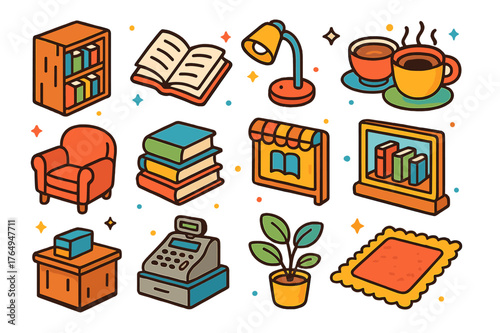 Colorful Bookshop Icons. Local bookshop. Colorful isometric vector icons set of local bookshop: bookshelf, open book, reading lamp, coffee cup, armchair, book