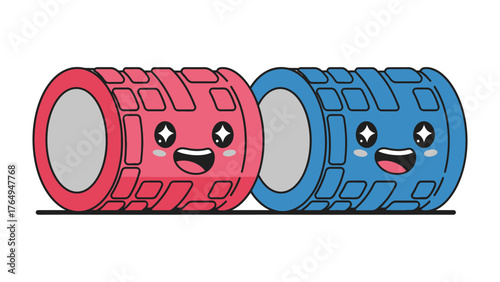 Smiling Foam Roller Duo: Animated and adorable, a pair of colorful foam rollers with expressive faces radiate joy and anticipation, ready to enhance the workout experience.