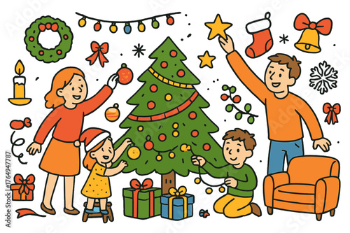 Festive Family Decorations. family decorating. Colorful Hand-drawn doodle Children illustration family decorating family, Christmas tree, ornaments, lights,