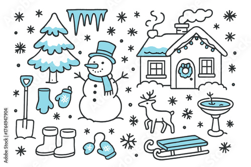 Winter Yard Doodle. // Winter front yard. Hand-drawn doodle illustration Winter front yard [snowman (accented), snowy tree, house with lights (accented),