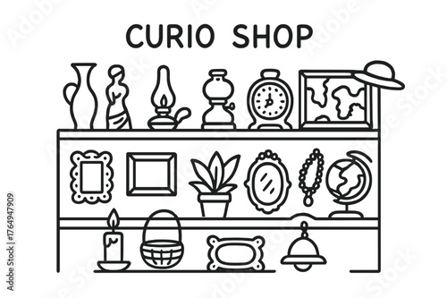 Curio Shop Treasures. Curio shop. Hand-drawn doodle illustration curio shop shelf, vase, figurine, lamp, old clock, map, jewelry, candle, basket, plant, globe,