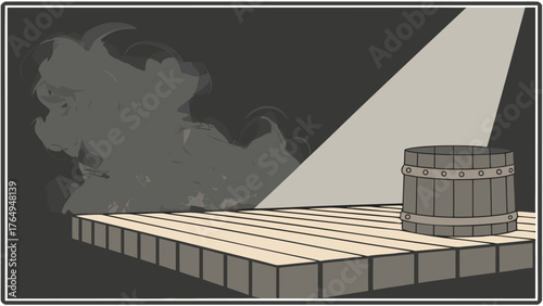 Mysterious Wooden Barrel with Smoke on Dark Stage Spotlight