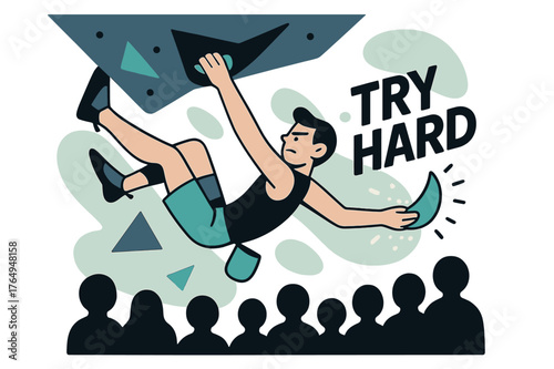 Dynamic Bouldering Challenge. Bouldering Overhang Problem. Heels hook, core tight, the climber swings to a crescent-shaped pinch; ?TRY HARD? floats beside