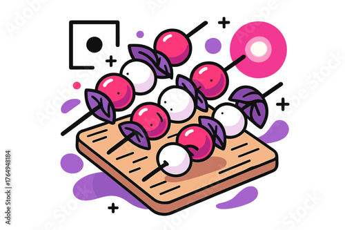 Caprese Skewers Abstract. Caprese Skewers. Caprese skewers on a wooden board with floating abstract geometric shapes and soft glowing accents, vibrant and