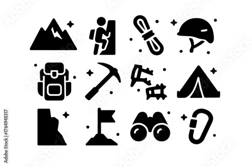 Alpine Adventure Icons. Alpine Adventure. Solid icons set of Alpine Adventure: mountain, climber, rope, helmet, backpack, ice axe, crampons, tent, cliff, flag,