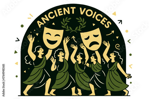 Masks & Myth. Amphitheater ? Masks & Myth. A chorus lifts comedy and tragedy masks; a laurel wreath icon arcs above. Caption ?Ancient Voices? glows along the