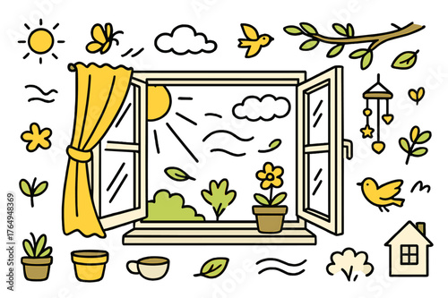 Morning Window Doodle. Morning window. Hand-drawn doodle illustration open window (colored), curtain (colored), sunlight (colored), breeze lines (colored),