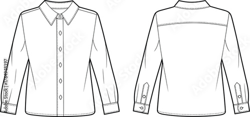 Technical flat sketch of long sleeve button-up shirt, front and back view, fashion design template, garment construction, apparel vector illustration, clothing mockup