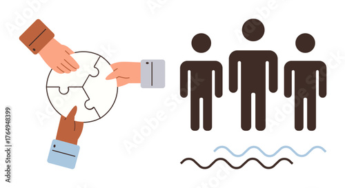 Hands assembling a circular puzzle piece and three figures standing together. Ideal for teamwork, collaboration, problem-solving, partnership, community, diversity, and inclusion. Simple flat