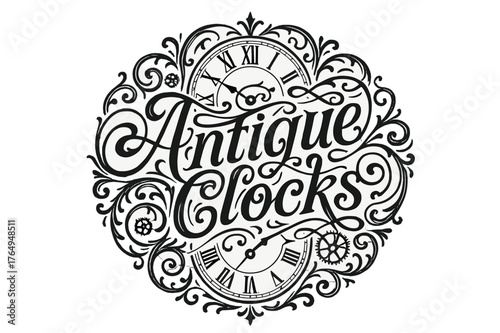 Antique Clocks Flourish Lettering. Flourish Lettering ? "Antique Clocks" in classic ornamental flourish lettering, medium-thick swashes resembling clock hands