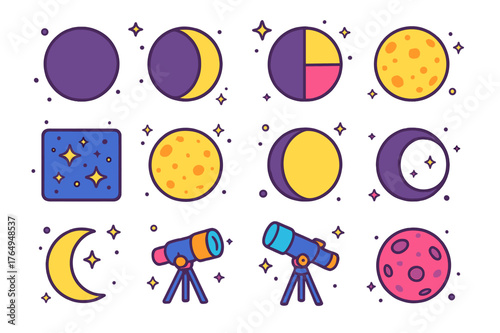 Colorful Moon Phases. Moon phases. Colorful isometric vector icons set of moon phases: new moon, waxing crescent, first quarter, waxing gibbous, full moon,