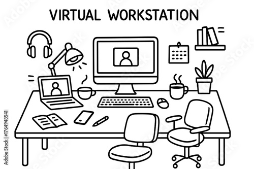 Virtual Workstation Doodle. Virtual Workstation. Hand-drawn doodle illustration Virtual Workstation laptop, monitor, keyboard, mouse, desk, chair, lamp,