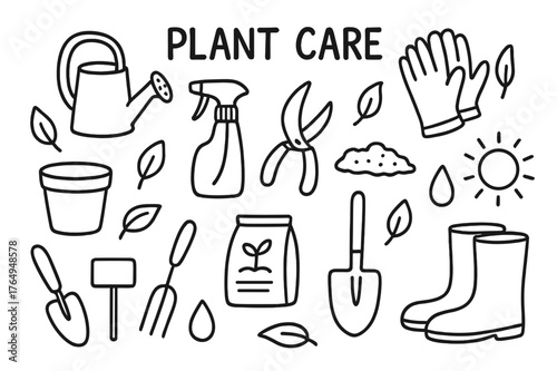 Essential Plant Care Tools. Plant care. Hand-drawn doodle illustration plant care watering can, spray bottle, gloves, pruning shears, pot, leaves, fertilizer