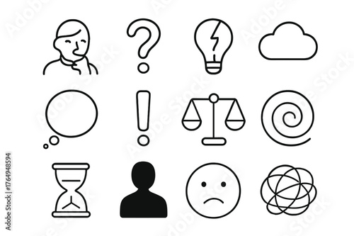 Icons of Self-Doubt. Self-doubt. Line icon set of self-doubt: person thinking, question mark, broken light bulb, cloud, thought bubble, exclamation mark,
