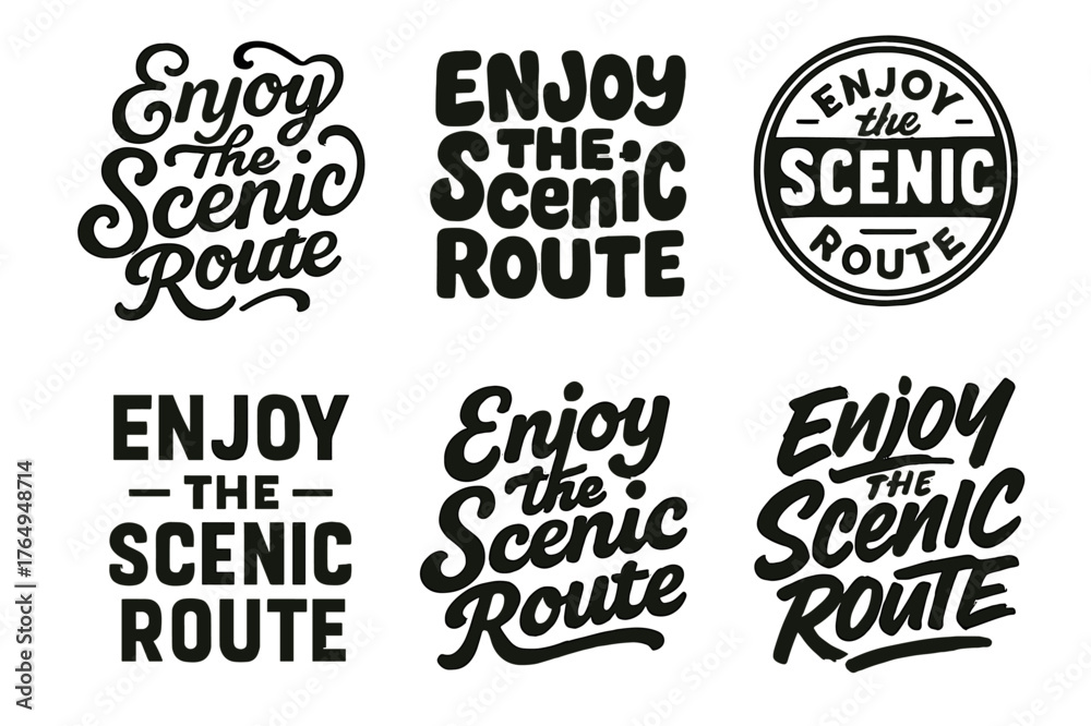 Fototapeta premium Lettering Style Showcase. Enjoy the Scenic Route. Set lettering. harmonious lettering variations of the same emblematic concept, each with different artistic
