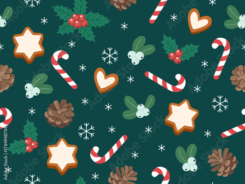 Seamless pattern with candy canes, holly leaves, mistletoe, pine cones, gingerbread cookies stars and hearts, and snowflakes.