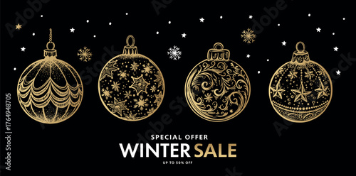 Winter sale, Christmas ball and star set on blue, Hand drawn illustration.	
