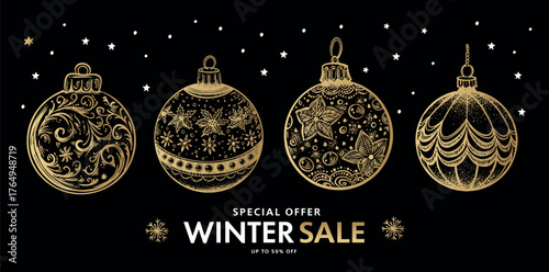 Winter sale, Christmas ball and star set on blue, Hand drawn illustration.