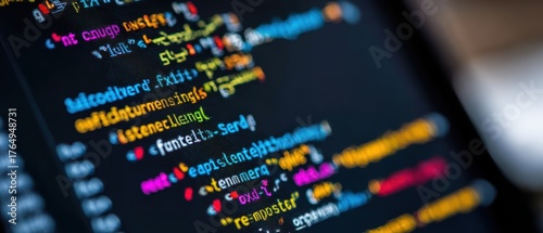 Close-up of colorful computer code on monitor, programming language syntax highlighting for software development and coding concepts