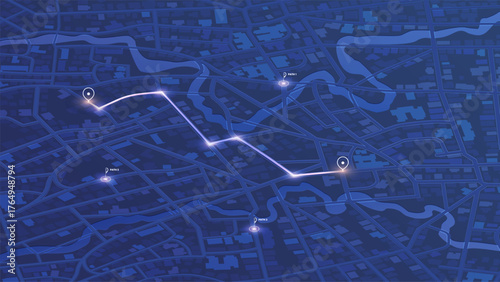 Glowing Navigation Route with Multiple Path Options on Dark Blue Digital City Map. Vector illustration.