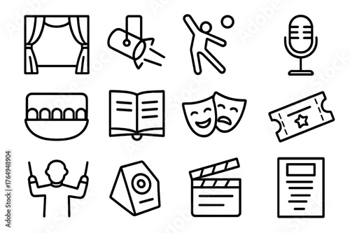 Musical Theater Icons. Musical Theater. Line icon set of Musical Theater: stage curtain, spotlight, dancing actor, microphone, orchestra pit, script book, mask