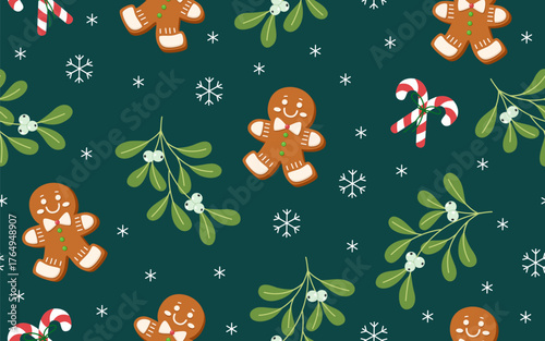 Seamless Christmas pattern with gingerbread cookies, candy canes, mistletoe, and snowflakes.