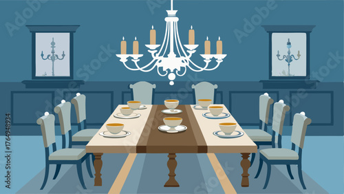 A dining room featuring an ornate chandelier and a long wooden table set with contrasting patterned plates and metallic lery.