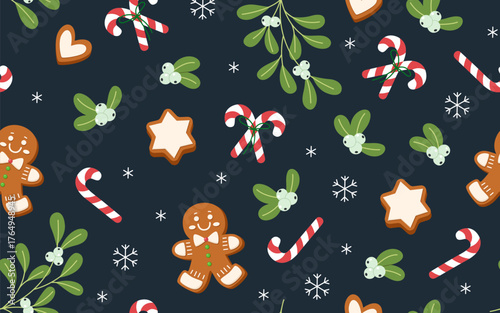 Seamless vector Christmas pattern with gingerbread men, cookies, candy canes, and mistletoe. Winter festive background with Christmas sweets, plants, and snow.