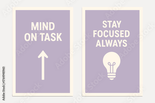 Focused Banners Design. Mind on task. Two vertical A6 banners with safe margins, centered composition, no elements touching edges, minimal, lavender and cream,