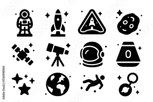 Space Souvenirs Icons. Space Souvenirs. Solid icons set of Space Souvenirs: astronaut figurine, rocket model, space patch, moon rock, satellite