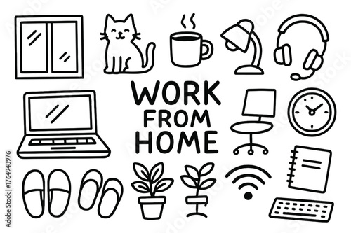 Home Office Doodle. Work from home. Hand-drawn doodle illustration work from home laptop, cat, mug, slippers, window, lamp, headset, chair, notebook, clock,