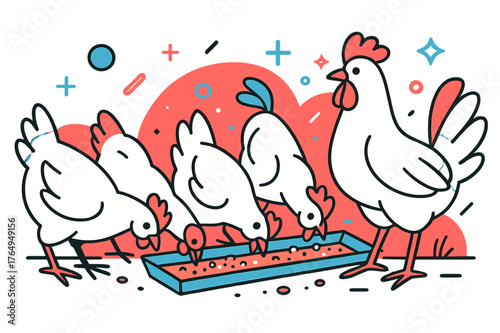 Chickens and Abstract Geometry. Poultry Farm. Close-up of chickens pecking feed with floating abstract geometric shapes and glowing accents, lively and