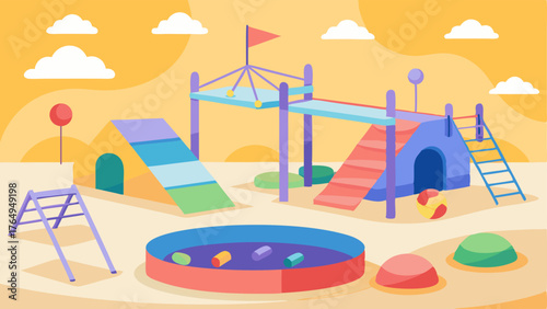 A childrens play area with colorful climbing structures and a soft mat.