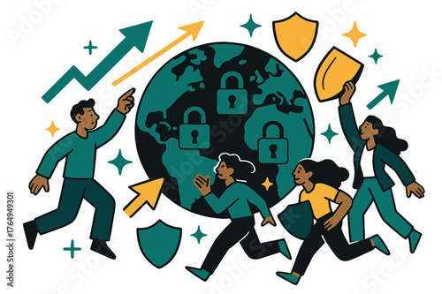 Global Digital Security. Online privacy laws and their global implications. Globe with digital padlocks and abstract floating arrows, shields, and sparkles;